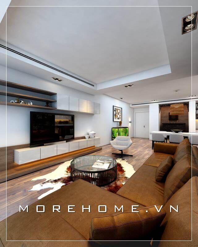 Ý tưởng thiết kế không gian nội thất phòng khách sử dụng cách kết hợp 2 tone trắng, nâu thể hiện đối xứng, liền mạch trong từng gam màu đã tạo nên vẻ đẹp độc đáo, sáng tạo cho toàn bộ không gian chung cư