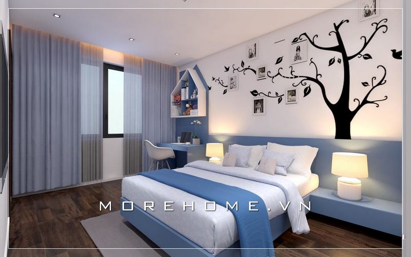 Thiết kế phòng ngủ trẻ em hiện đại, chiếc giường ngủ gỗ hiện đại màu xanh tiện dụng tạo điểm nhấn cho cả căn phòng ngủ